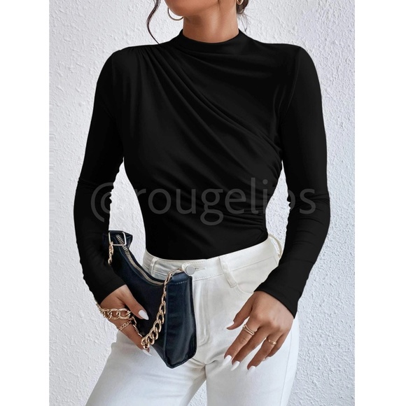 Ruched Asymmetric Black Long Sleeve Bodysuit - Picture 11 of 14